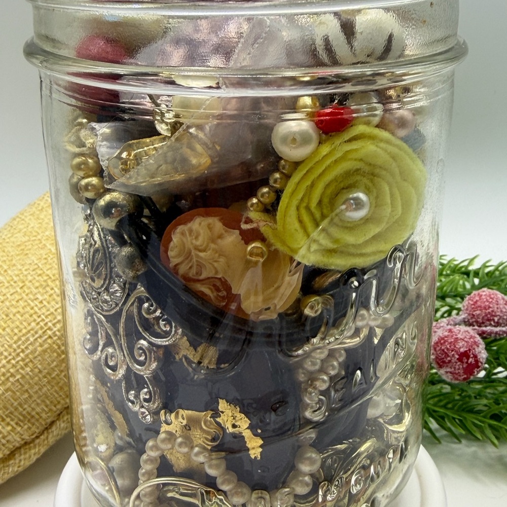 Vintage Jewelry Jar with Assorted Beads, Necklaces and Pearls